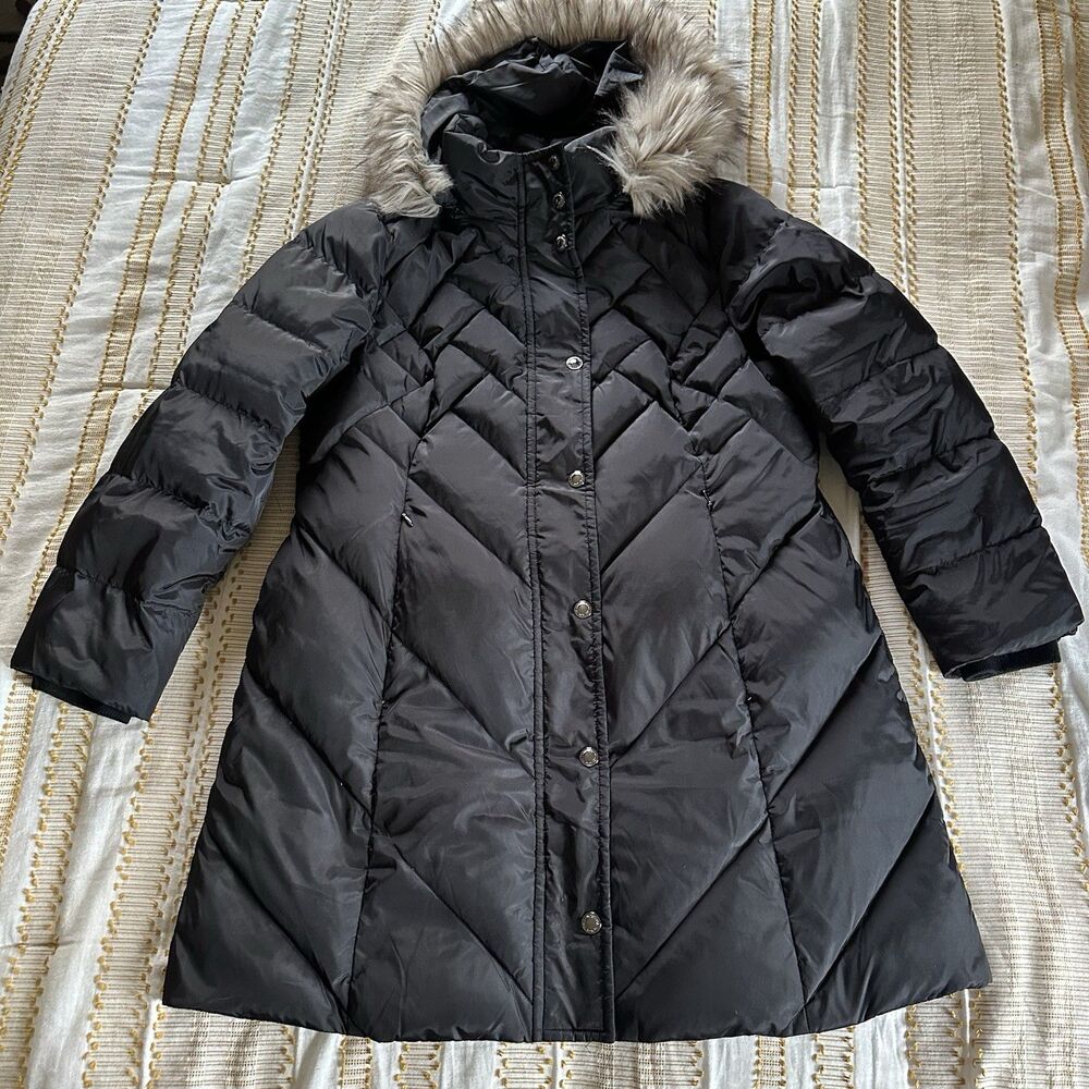 London Fog Black Puffer Quilted Down Jacket XL Women's Fur Hood Winter Coat